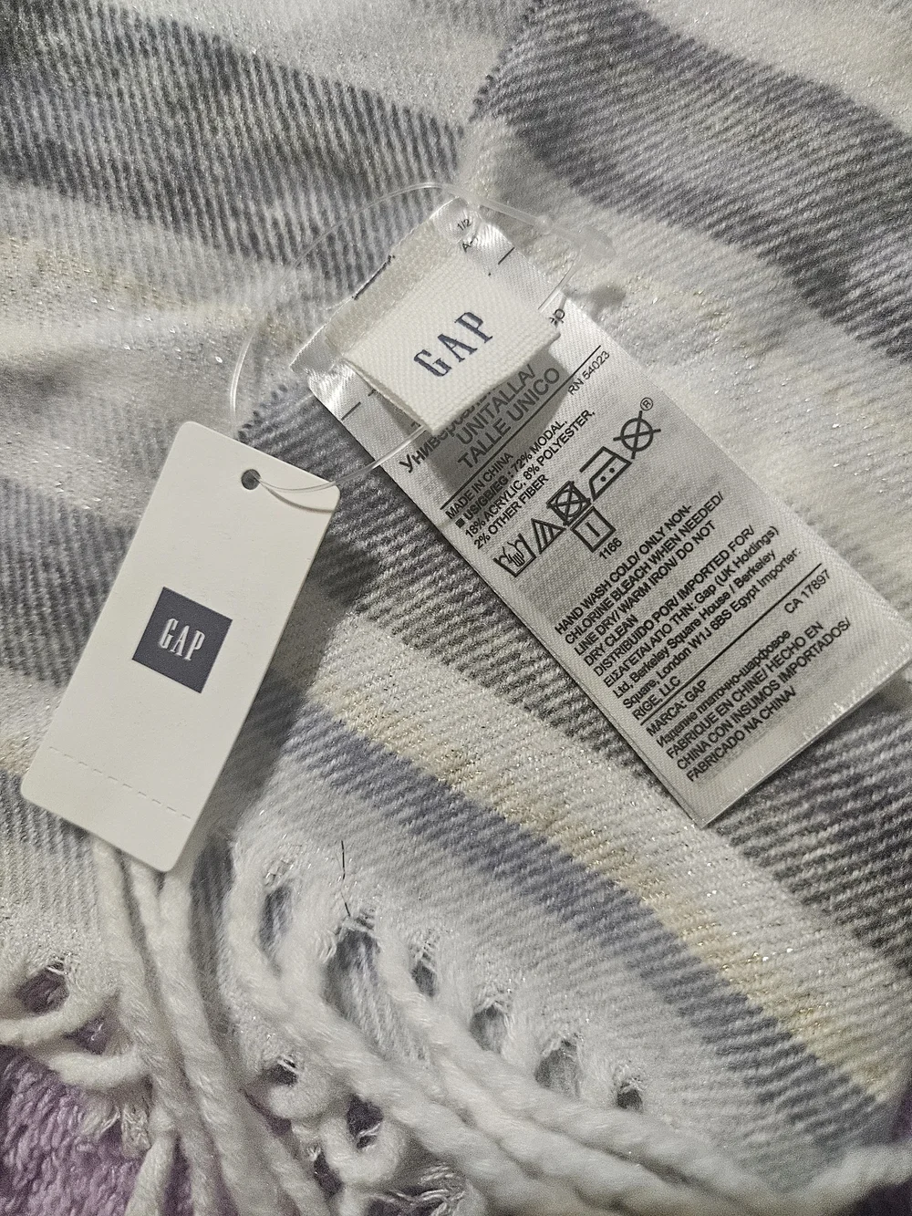 GAP White Gray & Silver Striped Fringe Wrap Scarf